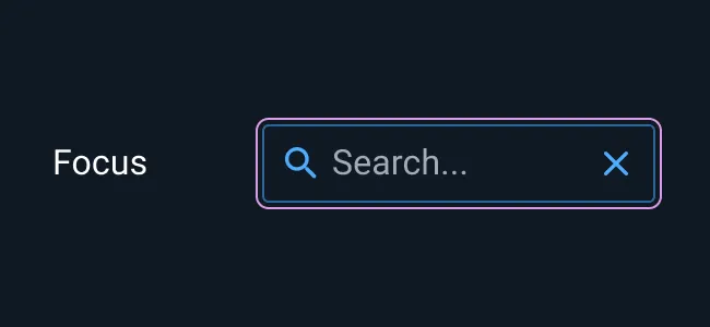 Putting focus on the search field adds a pink ring around the field and an ‘X’ for clearing search string.